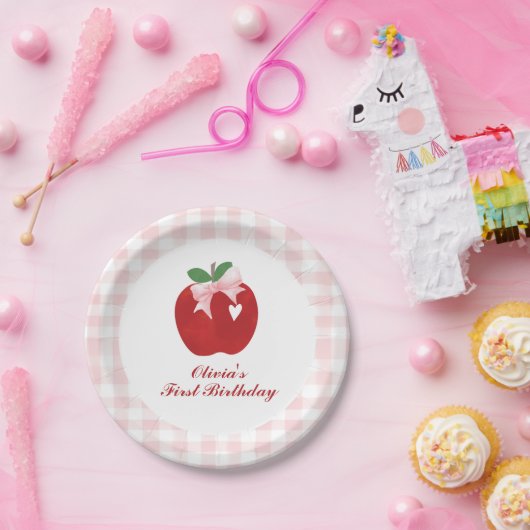 Apple Pink Bow preppy Coquette 1e verjaardag Papieren Bordje (Feest)