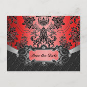 Apple Red & Black Damask Wedding Bewaar de datums Aankondigingskaart (Voorkant)