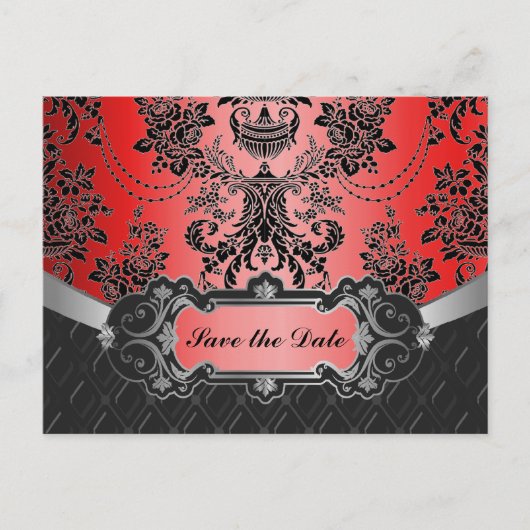 Apple Red & Black Damask Wedding Bewaar de datums Aankondigingskaart (Voorkant)