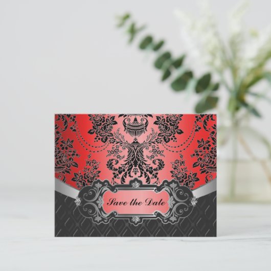 Apple Red & Black Damask Wedding Bewaar de datums Aankondigingskaart (Staand voorkant)