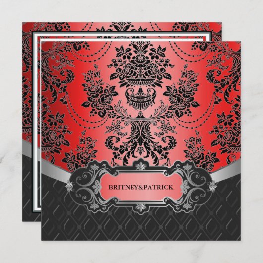 Apple Red & Black Damask Wedding Invitations Kaart (Voorkant / Achterkant)