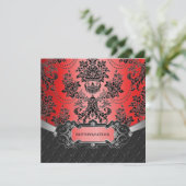 Apple Red & Black Damask Wedding Invitations Kaart (Staand voorkant)