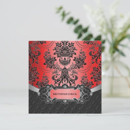 Apple Red & Black Damask Wedding Invitations Kaart (Staand voorkant)