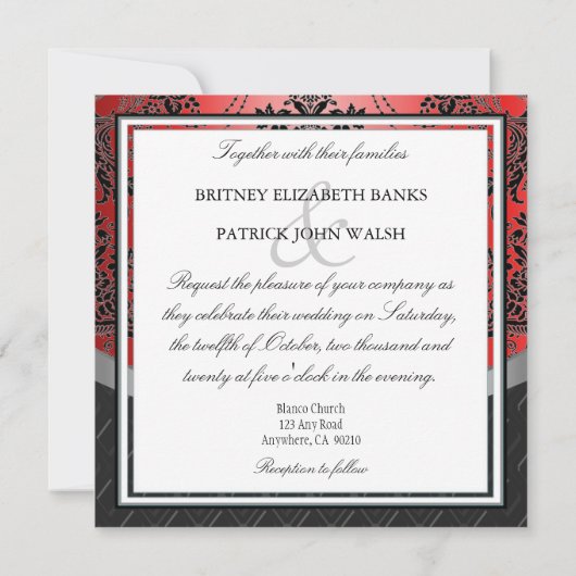 Apple Red & Black Damask Wedding Invitations Kaart (Achterkant)