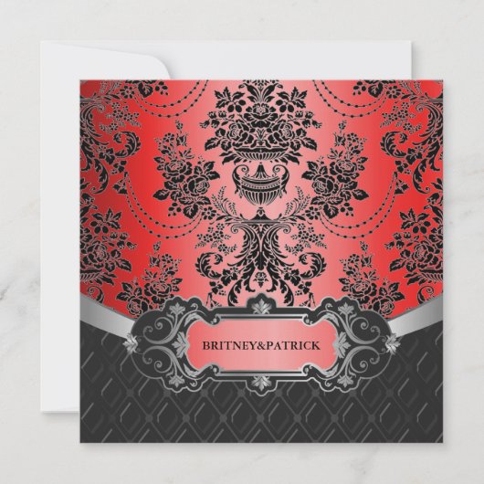 Apple Red & Black Damask Wedding Invitations Kaart (Voorkant)