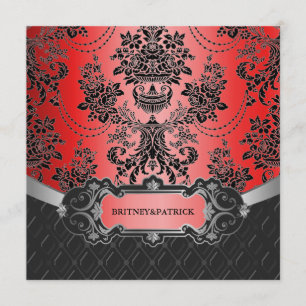 Apple Red & Black Damask Wedding Invitations Kaart
