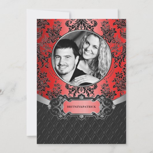 Apple Red & Black Damask Wedding Invitations Kaart (Voorkant)