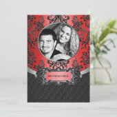 Apple Red & Black Damask Wedding Invitations Kaart (Staand voorkant)