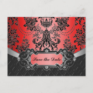 Apple Red en Black Damask Wedding Save the Dates Aankondigingskaart
