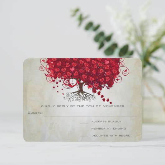 Apple Red Heart Leaf Wedding RSVP (Staand voorkant)