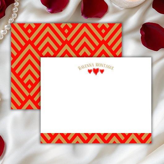 Apple Red Modern Hearts Striped Fans Note Card Notitiekaartje