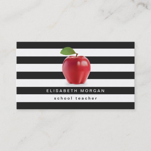 Apple School Teacher - Classic Black White Stripes Visitekaartje (Voorkant)