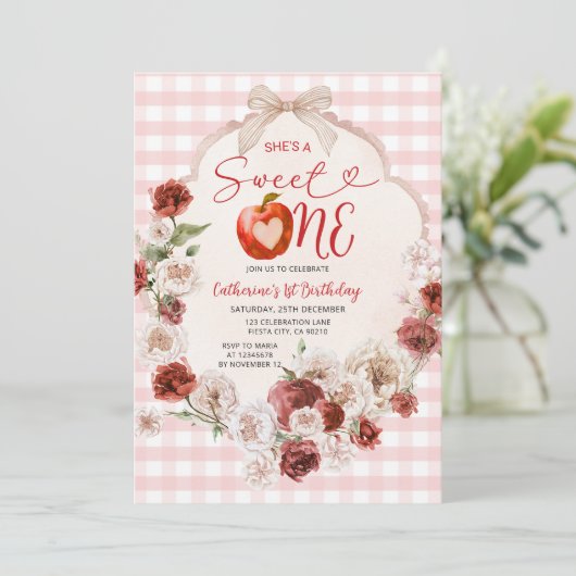 Apple Sweet One Birthday Pink Gingham Herfst Bloem Kaart (Staand voorkant)