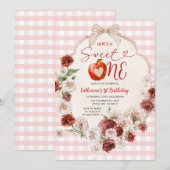 Apple Sweet One Birthday Pink Gingham Herfst Bloem Kaart (Voorkant / Achterkant)