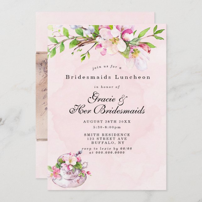 Apple Tree Blossom Bridesmaids Luncheon Invitae (Voorkant / Achterkant)