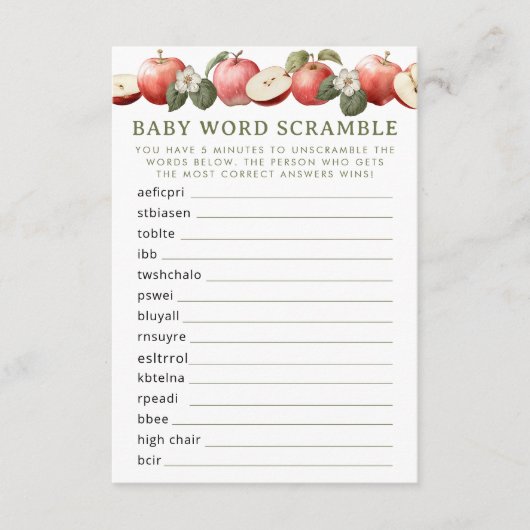 Apple van ons Eye Baby shower Word Scramble-spel Informatiekaartje (Voorkant)