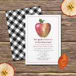 Apple van onze Waterverf Baby shower Invi Kaart<br><div class="desc">Herfst herfst neutraal baby shower thema met waterverf folk art geïnspireerde appelillustratie. De rode tekst zegt: "De appel van ons oog zal hier snel zijn" de achterkant is zwart-wit.</div>