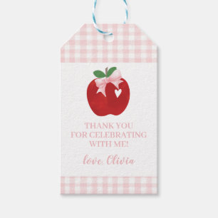 Apple verjaardag roze strik en plaid cadeaulabel