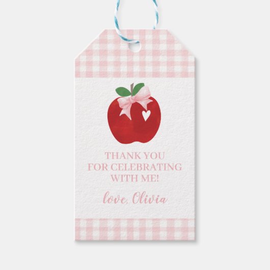 Apple verjaardag roze strik en ruitjes cadeaulabel (Voorkant)