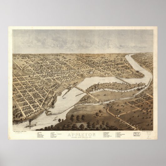 Appleton Wisconsin 1887 Antiek Panoramische Kaart Poster (Voorkant)