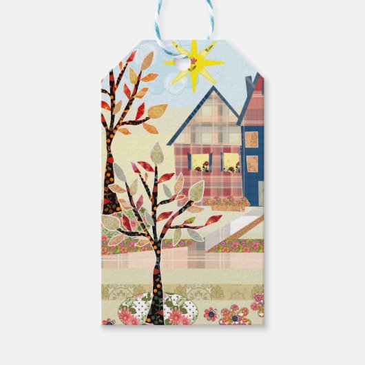 Applique, huizen, dorp cadeaulabel (Voorkant)