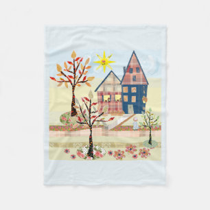 Applique, huizen, dorp fleece deken