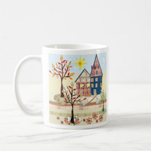 Appliqué, huizen, dorp koffiemok