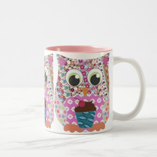 Appliqué Patch Pink Owl Tweekleurige Koffiemok (Rechts)