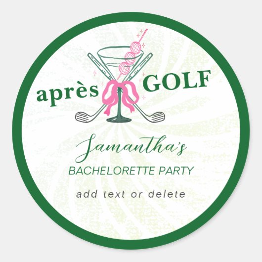 Aprés Golf Martini Coquette Bow Bachelorette Party Ronde Sticker (Voorkant)