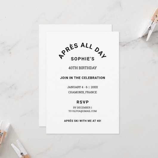 Après hele dag Winter 40e verjaardag Ski Weekend Kaart (Voorkant / Achterkant in situ)
