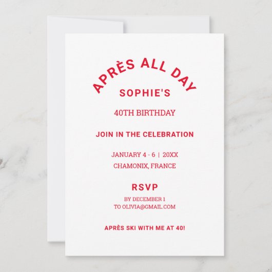 Après hele dag winter rood 40e verjaardag ski-week kaart (Voorkant)