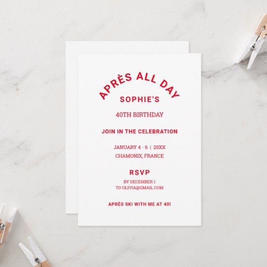 Après hele dag winter rood 40e verjaardag ski-week kaart (Voorkant / Achterkant in situ)