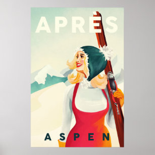 "Apres Ski Aspen" Cool  Pinup Girl Skiing Poster