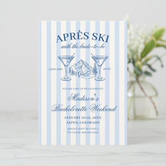 Apres Ski Blauw Gestreepte Bachelorette Kaart (Staand voorkant)