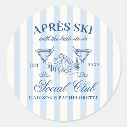 Apres Ski Blauw Gestreepte Bachelorette Ronde Sticker (Voorkant)