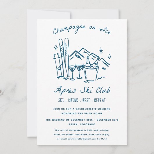 Après Ski Champagne on Ice Winter Bach Party Kaart (Voorkant)