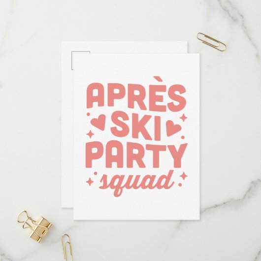 Apres ski feest meisjes squad roze esthetiek uitnodiging briefkaart (Voorkant / Achterkant in situ)