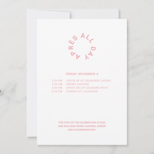 Après Ski met de bruid Be Pink Bachelorette Trip Kaart (Achterkant)