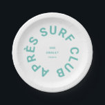 Après Surf Club Turquoise Surfers Social Crest Papieren Bordje<br><div class="desc">Après Surf Club,  turquoise social surf club crest,  papieren borden. Personaliseer met het jaar van uw surf verzamelen,  strand naam en locatie. Perfect voor een groepsbestemming surf of voor een après surf thema vrijgezelle of vrijgezellenfeest. Ontworpen om te voldoen aan ons Après Surf Club Collectie.</div>
