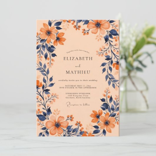 Apricot Captivating Botanical Wedding Kaart (Staand voorkant)