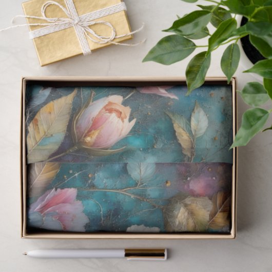Apricot Floral Tapestry on Teal Tissuepapier (Geschenk)