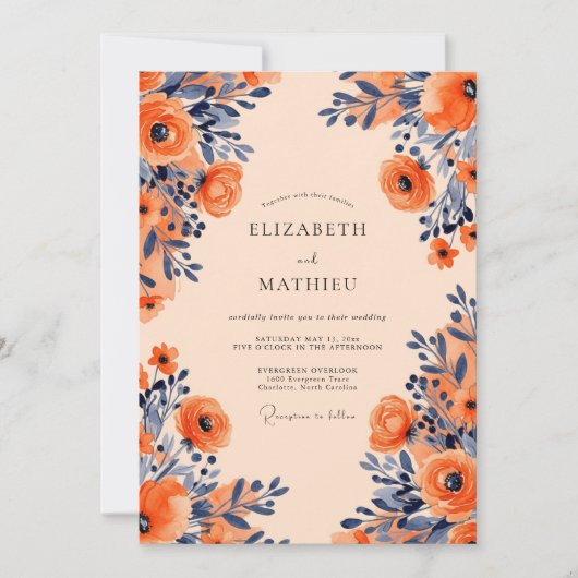 Apricot Navy Opulent Floral Wedding Kaart (Voorkant)