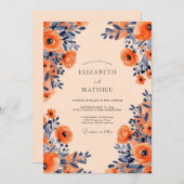 Apricot Navy Opulent Floral Wedding Kaart (Voorkant / Achterkant)