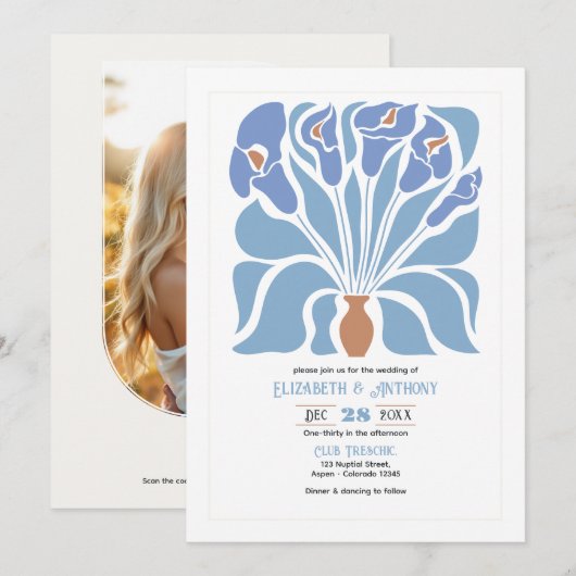 Apricot & Sky Blue Abstract Floral Boho Wedding Kaart (Voorkant / Achterkant)