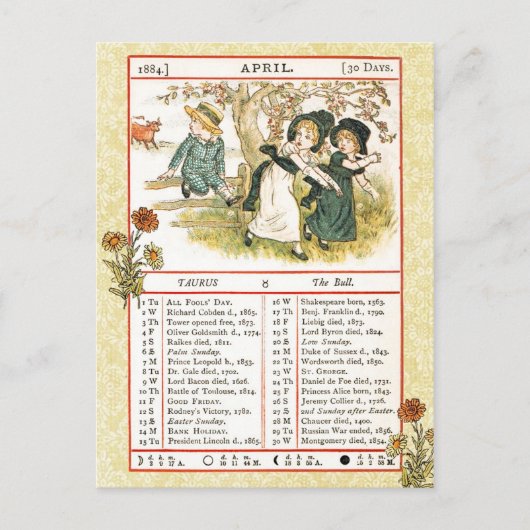 April 1884 Almanac. Taurus, de stier Briefkaart (Voorkant)
