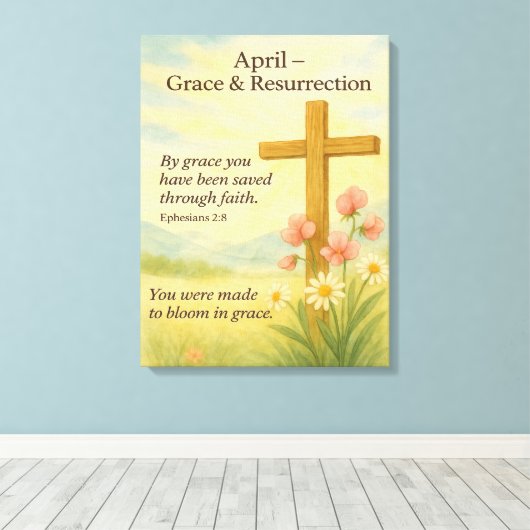 April Birthday Bible Verse Cross and Resurrection Canvas Afdruk (Insitu (Houten vloer))