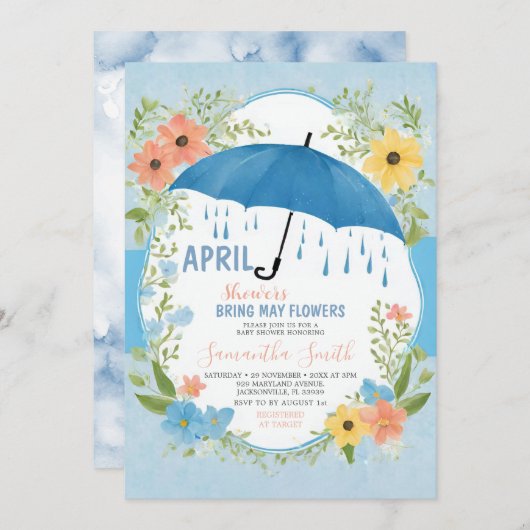 April Buien Brengen Mei Bloemen Blauwe Paraplu Kaart (Voorkant / Achterkant)
