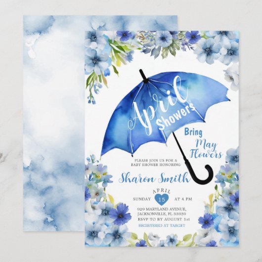 April douches brengen mei bloemen blauwe paraplu kaart (Voorkant / Achterkant)