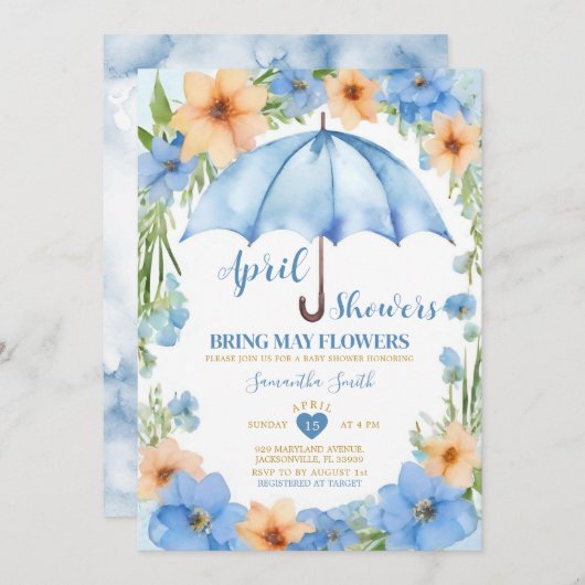 April douches brengen mei bloemen blauwe paraplu kaart (Voorkant / Achterkant)