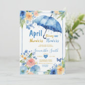 April douches brengen mei bloemen blauwe paraplu kaart (Staand voorkant)